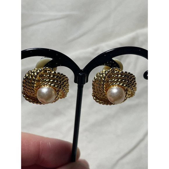 Gold Tone Knot Rope Faux Pearl Clip-On Earrings - Picture 9 of 13